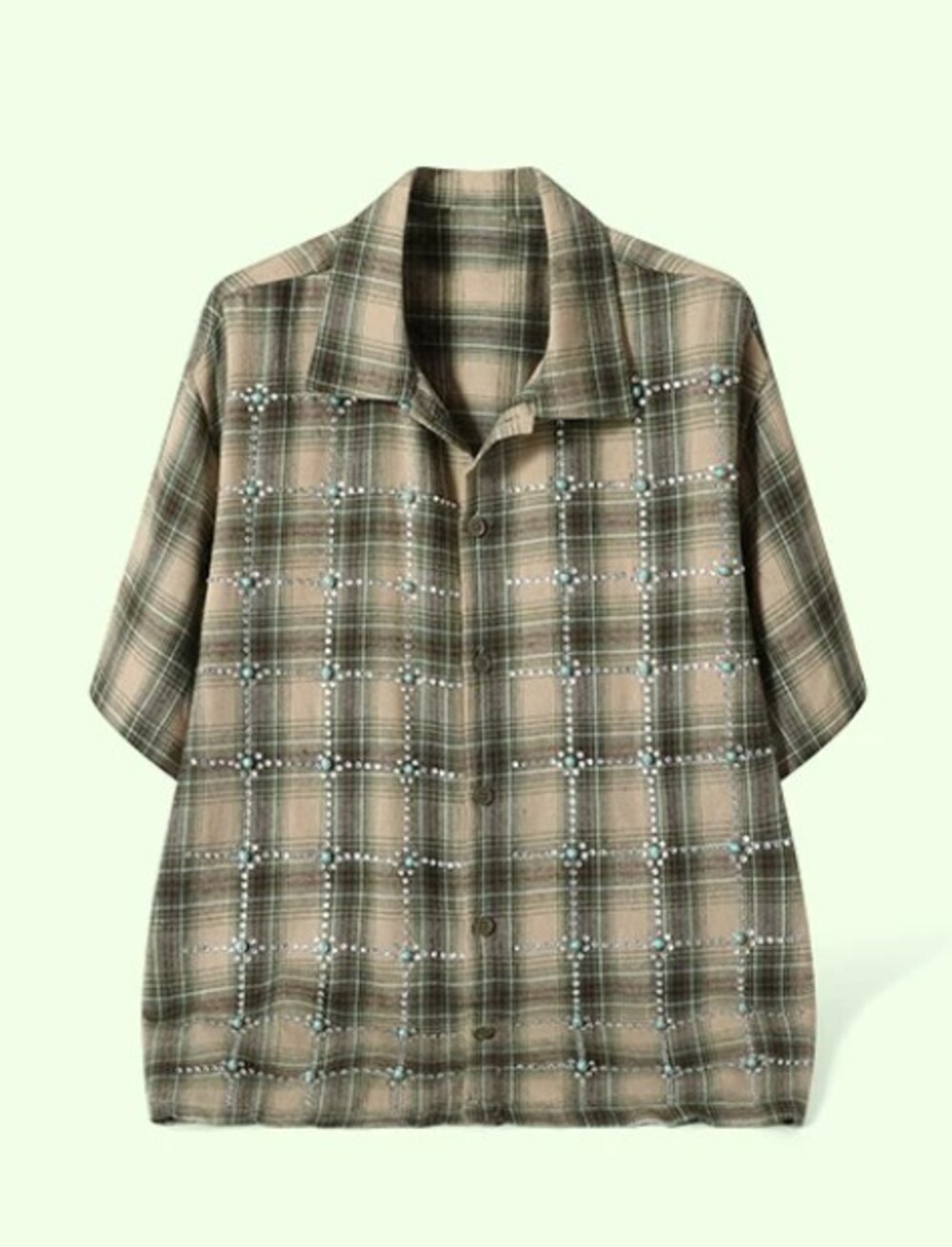 Green Plaid Beaded Camp Collar Shirt